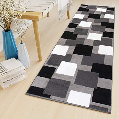 Tapiso Luxury Alfombra de Pasillo Cocina Escalera Diseño Moderno Gris Blanco Negro Cuadrados Fina por Metros 70 x 210 cm