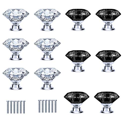 TAZEMAT 12pcs Pomo para Cajón Forma de Diamante Brillante Tirador de Cristal para Armario Perilla de Puerta con Tornillo Manijas para Muebles Aparador Color Transparente y Negro