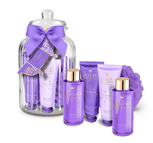 The Luxury Bathing Company Sleeping Beauty Festive Glass Jar Set. Including 50ml Body Cream, 50ml Hand & Nail Cream, 100ml Foam Bath, 100ml Body Wash and Body Polisher