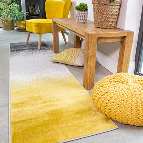 The Rug House Alfombra a Rayas y Bloques con diseño de sombas en Colores Mostaza, Amarillo y Gris, para la Sala de Estar, pasillos y/o dormitorios 60cm x 240cm