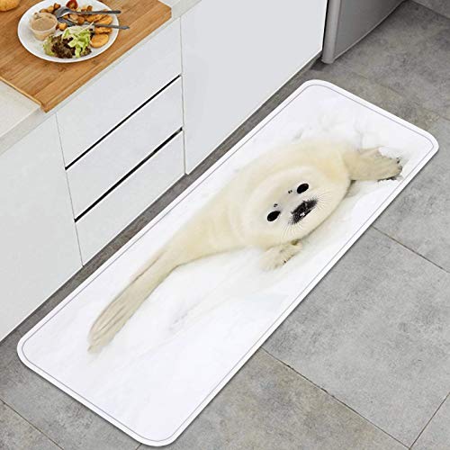 Throwpillow Alfombrilla de Cocina Antideslizante cría de Foca Arpa bebé en el Hielo del mar Blanco Decoración Piso de Alfombra para baño, Sala de Estar, Oficina, fregadero-120cm x 45cm