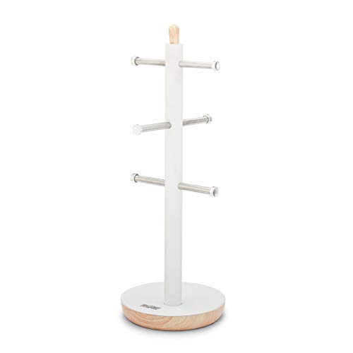 Tower T826032G - Árbol para taza de cocina, diseño de Scandi, brazos de acero inoxidable, base antideslizante, mate con detalles de efecto madera, Blanco, talla única