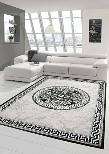 Traum Alfombra Moderna de diseño Alfombra Oriental con la Alfombra de la Sala Glitzergarn con el patrón de Frontera y el círculo en Forma de Crema Gris Antracita Größe 120x160 cm