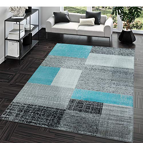 TT Home Alfombra Pelo Corto Fácil Limpiar Cuadrados Vintage Blanco Gris Turquesa, Größe:80x150 cm