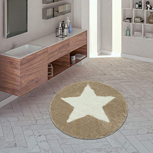 TT Home Alfombrilla De Baño, Alfombra Redonda Pelo Corto para Baño con Motivo Estrellas Beige, Größe:60x60 cm