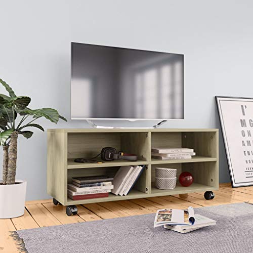 UnfadeMemory Mueble para TV Moderno con Ruedas,Mesa para TV,Mueble de hogar,con 4 Compartimentos Abiertos,Madera Aglomerada,90x35x35cm (Roble Sonoma)