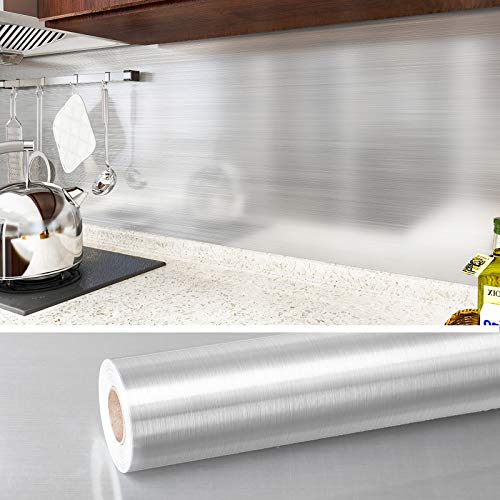 VEELIKE Papel de Pared de Vinilo Efecto Acero Inoxidable Aluminio Papel Pintado Cocina Papel Aluminio Autoadhesivo Papel Cocina Patrón Cepillado Plateado para Muebles 0.4m x 18m