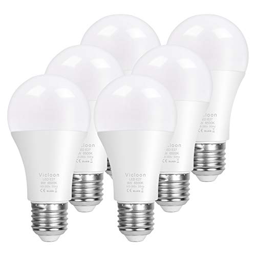 Vicloon A60 Bombilla LED E27, 9W equivalente a 100W, 1000LM 6500K Blanco Fría E27 Lámpara LED, No Regulable, Angulo de haz de 200°, AC 165-265V - 6 Unidades [Clase de eficiencia energética A+]