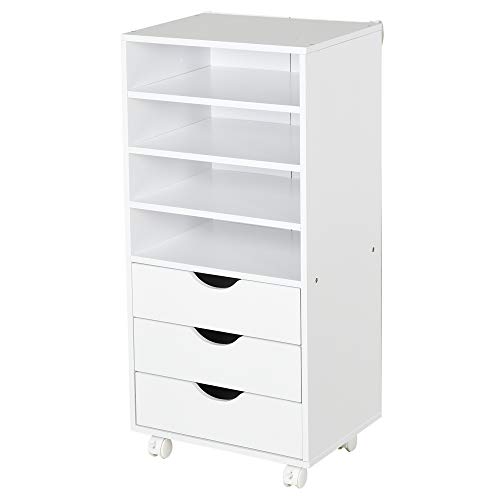 Vinsetto Mueble Auxiliar para Oficina Estudio Gran Espacio de Almacenaje con 3 Cajones 4 Estantes Abiertos 4 Ruedas 40x30x83 cm Blanco