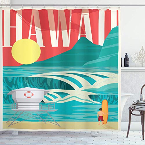 WH-CLA Cortina De Ducha Hawaiana, Hawaii Sandy Coastline Sunny Day Tabla De Surf Trópicos Famoso Destino De Luna De Miel Cortina De Ducha Impermeable para Apartamento Sand Teal,168X183Cm