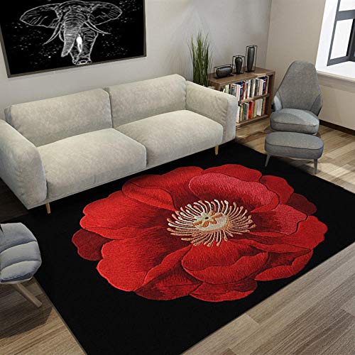 WHOZDWAE Home Alfombra De Dise?O Alfombra RúStica, Negra con PeoníA Roja Grande, Sala De Estar, Dormitorio, Comedor, Piso, Alfombra,180X280Cm（5'9 ''X9'2''Ft）