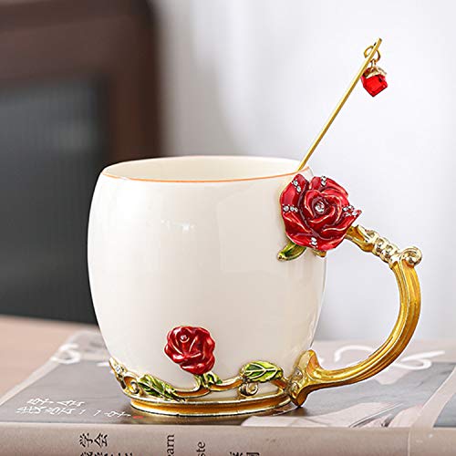 YIUN flor taza de té, Taza de café, esmalte Artesanía taza de cerámica, taza, taza del esmalte con la cuchara, taza del recorrido con la manija exquisita flor, rosa roja, 320ml.