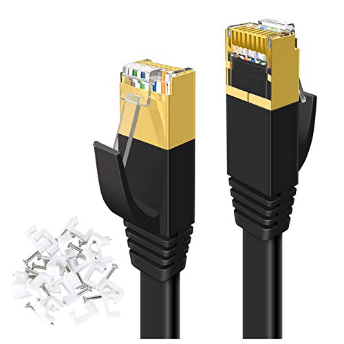 YOREPEK Cable Ethernet 20M, Plano Cat 7 Cable De Red Lan Rj45 Cable Ethernet Extra Largo De Alta Velocidad 10Gbps 600Mhz / S Stp Blindado Compatible Para Enrutador Parche MóDem Interruptor Xbox, Negro