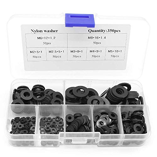 Yuhtech 350 Pcs Arandela Plana de Plastico Negro, Arandela Nylon Juego de Juntas Planas M2 M2.5 M3 M4 M5 M6 M8