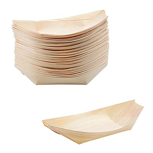 YUIP Platos de Madera en Forma de Barco, Cuenco para Aperitivos (Madera), Vajillas Desechables, Bandejitas Desechables para Aperitivos y Tapas , 50 Unidades (13,5*8cm)