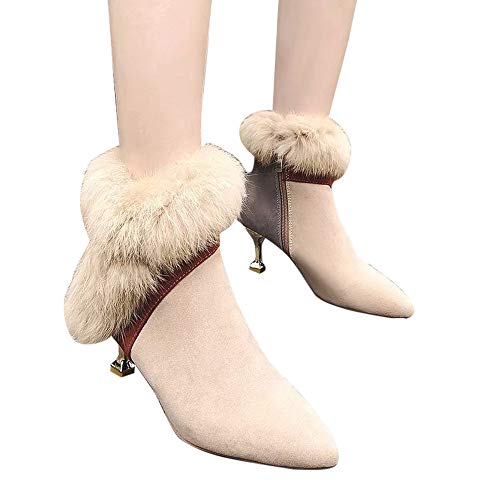 Yvelands Zapatos de tacón Fino con Punta Estrecha en el Tobillo y Punta Estrecha Mujer Mantenga cálidas Botas Cortas（Beige,36