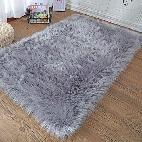 ZCZUOX Falso Piel de Carnero Vellón Alfombra, Shaggy Elegante De Pelo Largo Mullida Excelente Piel Sintética de Calidad Alfombra de Lana (Gris, 75x120cm Rectangular)