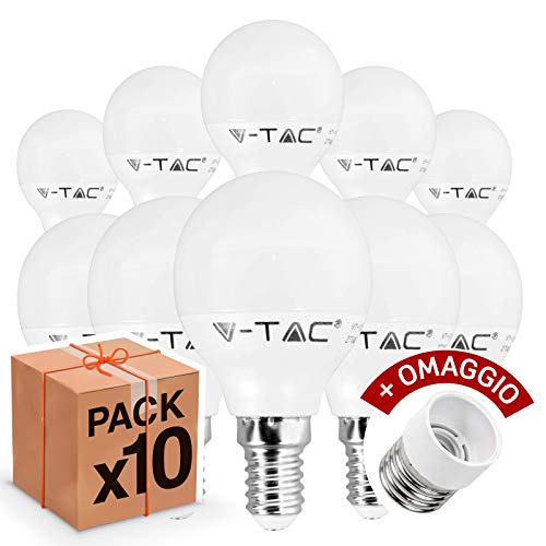 10 bombillas LED V-Tac E14, 4 W (320 lúmenes equivalentes a 30 W), Forma: Miniglobo, luz blanca cálida, natural o fría + 1 adaptador de regalo