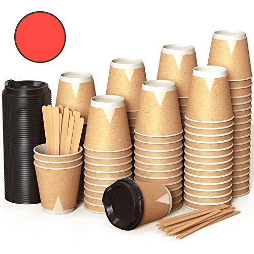 100 Kraft Vasos Desechables 360 ml de Doble Pared de Café para Llevar - Vasos Carton con Tapas y Agitadores de Madera para Servir el Café, el Té, Bebidas Calientes y Frías