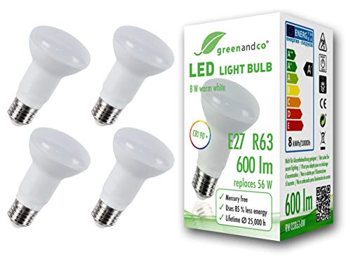 4x Bombilla LED greenandco® IRC 90+ E27 R63 8W (corresponde a 56W) opaca 600lm 3000K (blanco cálido) 160° 230V AC, sin parpadeo, no regulable