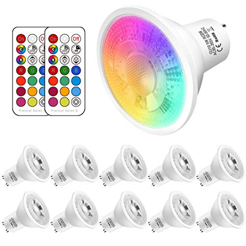 5W Gu10 Rgbw Led Colores Cambiantes Bombilla, 2700K Blanco Cálido Equivalente 50W Bombilla LED, AC 85-265V, Rgb 12 Colore, Control remoto Incluido(10 unidades)