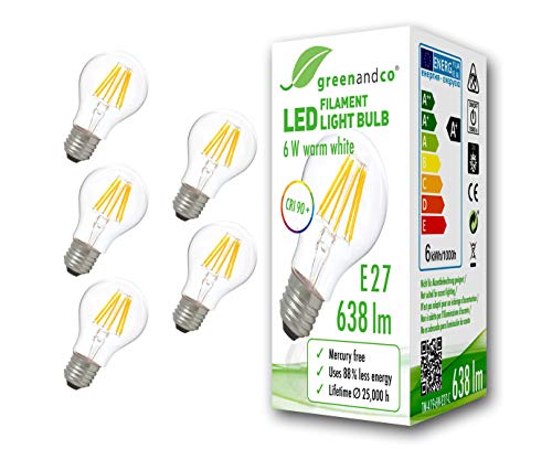 5x Bombilla de filamento LED greenandco® IRC 90+ E27 6W (corresponde a 50W) 638lm 2700K (blanco cálido) 360° 230V AC vidrio, sin parpadeo, no regulable