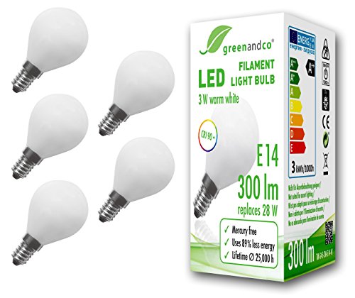5x Bombilla de filamento LED opaca greenandco® IRC 90+ E14 G45 3W (corresponde a 28W) 300lm 2700K (blanco cálido) 360° 230V AC vidrio, sin parpadeo