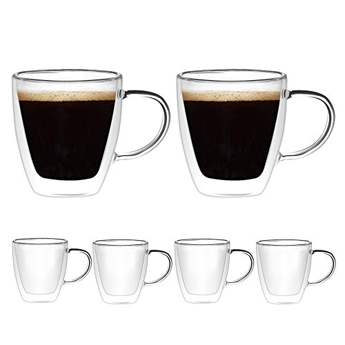 [6-pack, 160ml/5.4 oz] DESIGN•MASTER- Tazas de vidrio espresso de primera calidad, vidrio aislante de doble pared con asa, vidrio termoaislante, perfecto para máquina de café exprés y cafetera.