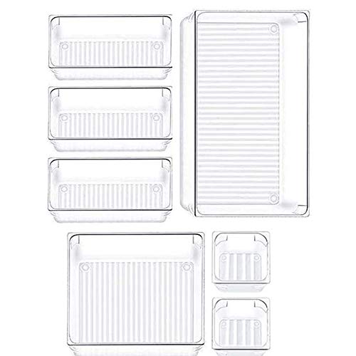 7 Piezas Organizadores Transparentes para Cajones, Cajas Bandejas de Plástico Apilables Almacenamiento, Organizador de Maquillaje, para Escritorio, Cocina, Baño, Maquillaje, Armario - 4 Tamaños