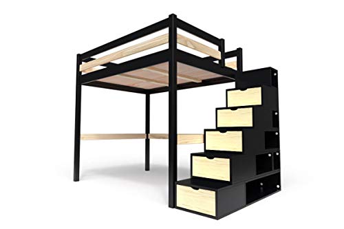 ABC MEUBLES - Cama Alta Sylvia con Escalera Cubo - Cube - Negro/Barnices Naturales, 140x200