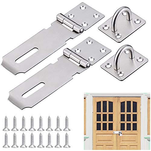 AFASOES 2 Pack Bisagra para Candado 5 Pulgadas Cierre de Puerta Acero Inoxidable Porta Candados para Lockers Bisagra para Poner Candado Hebilla de La Puerta + 18 Tonillos de Montaje, Plata