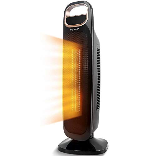 Aigostar Apollo 33LCF – Calefactor cerámico de torre PTC con mando a distancia, 2200W. Pantalla LED, Temporizador de 24 horas, Termostato. Oscilante y Silencioso. Color Negro. Diseño exclusivo.