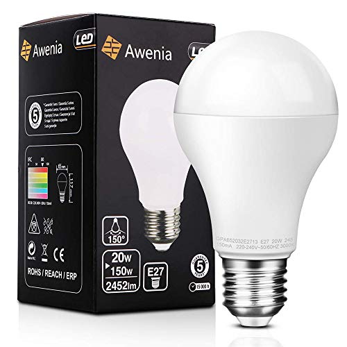 Awenia Bombilla LED Esférica E27 20W (Equivalente a 150W), Luz LED 3000K 2452 Lúmenes Blanco Cálido,1 Pack