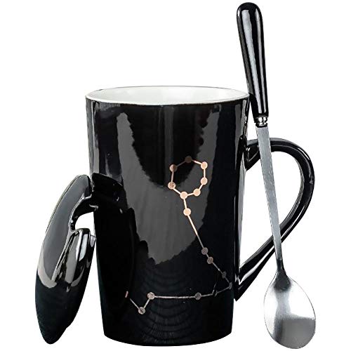 Aztnrwen Taza De Viaje De Cerámica Constellation Con Tapa A Prueba De Fugas, Cuchara, Juego De Tazas De Café Para Oficina En Casa/Black Pisces Cup + Spoon