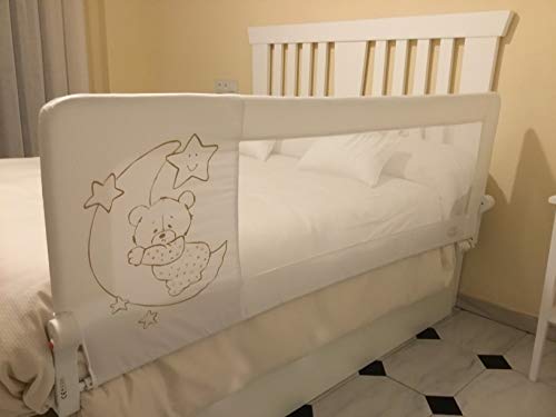 Barrera de cama nido para bebé, 150 x 66 cm. Modelo osito y luna gris. Barrera de seguridad. Sello de calidad SGS.