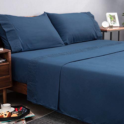 Bedsure Juego de Sábanas 90x190/200 cm - 3 Piezas - Sábana Bajera Ajustable Cama 90 con Encimera 160x275cm 1 Funda de Almohada 50x80cm - Azul Marino