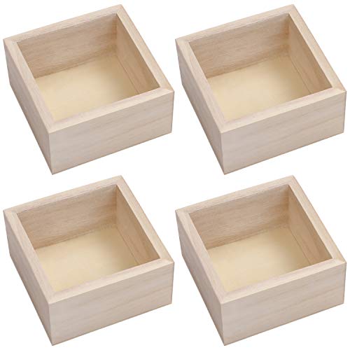 BELLE VOUS Caja Almacenaje Madera Cuadradas sin Acabado para Manualidades (Pack de 4) 9,5 x 9,5 x 5 cm - Caja Madera Natural para el Hogar/Decorar Evento, Coleccionables, Suculentas, Bricolaje