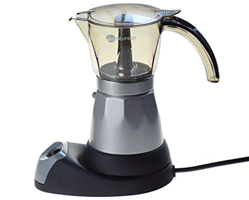 BEUFIRST Cafetera Eléctrica Italiana, 480W, 4 Tazas. Cafetera Italiana Eléctrica con Vaso Transparente Acrílico Muy Resistente, Aleación Aluminio y Función Easy-on