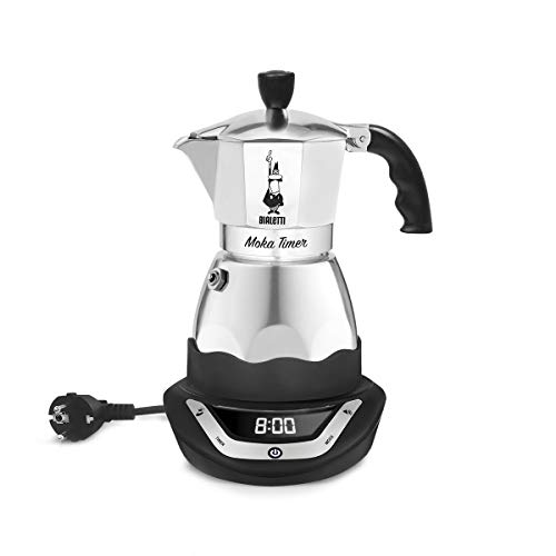 Bialetti Moka Timer, cafetera de aluminio con base eléctrica que se puede programar, 6 tazas