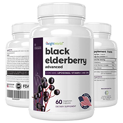 Black Elderberry Advanced 500mg Enriquecido con Vitamina C Liposomal y Zinc - Mejora Sistema Inmunológico, Potente Antioxidante y Antiinflamatorio, Bayas de saúco, Reduce Cansancio, 60 cápsulas