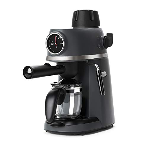 BLACK+DECKER BXCO800E - Cafetera de hidropresión, 3.5bar, diseño moderno con termómetro frontal, boquilla de vapor, jarra cristal, hasta 4 tazas, filtro de acero, negra, 800W