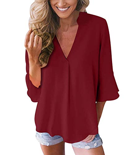 Blusas con Volantes Mujer Escote V Blusa Camisas Señora Top Camisa de Gasa Larga Camiseras Oficina Elegantes Camisetas Cuello V Lisas Blusones Formales Fiesta Largas Anchas Primavera Verano Rojo 5XL