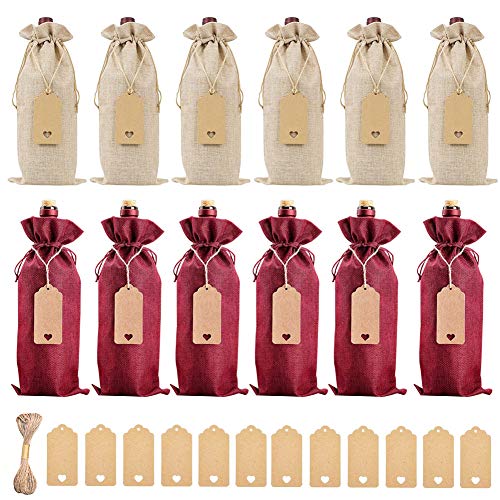 Bolsa de Regalo Para Botella de Vino de Lino, Bolsa de Vino de Lino Con Cordón de Vino de 12PCS, Utilizada Para Fiestas, Bodas, Decoración de Botellas de Vino (Rojo y Amarillo)