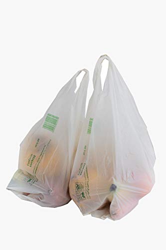 Bolsas Biodegradables y Compostables Tipo Camiseta Paquete con 100 bolsas, certificadas TUV Austria conforme EN13432 y fabricadas en la Unión Europea, Dimensiones: (27+2x7)x45 cm, Medium