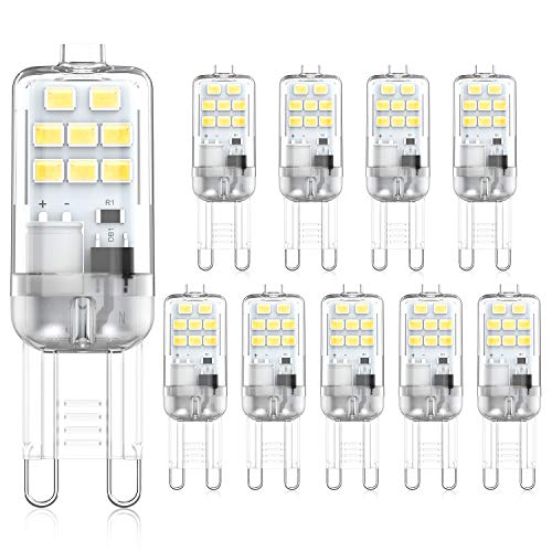 Bombillas LED G9 2W, Blanco Frio 6000K, 20W / 18W / 10W Bombilla Halógena Equivalente, 220-240V AC, No Regulable, Sin Parpadeo, Bombillas de Ahorro de Energía, Paquete de 10