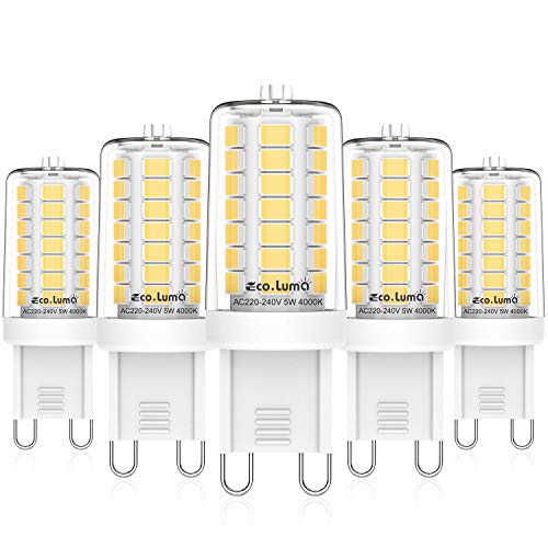 Bombillas LED G9 5W, Blanco Natural 4000K, Repuesto Lámparas Halógenas 40W, LED G9 ángulo Haz de 360° Sin Parpadeo, No Regulable, CA 220-240 V, Paquete de 5, Eco.Luma