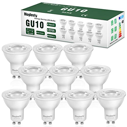 Bombillas LED GU10 7W, Blanco Cálido 3000K, Equivalente de Lámpara Halógena de 50W, 500 Lúmenes, AC100-240V, No regulable Sin Parpadeo, Ángulo de haz de 38° Bombilla, 10 Pack