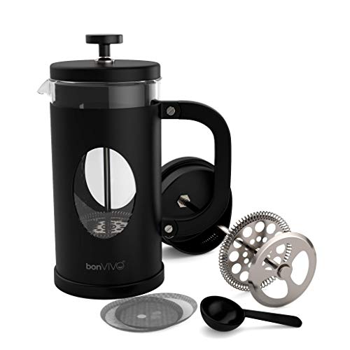 bonVIVO GAZETARO I Cafetera Francesa (French Press) y Prensa Francesa de Embolo Fabricada con Acero Inoxidable - Cafetera Filtro con Acabado en Negro con Filtros, tamaño: 1 L / 1000ml