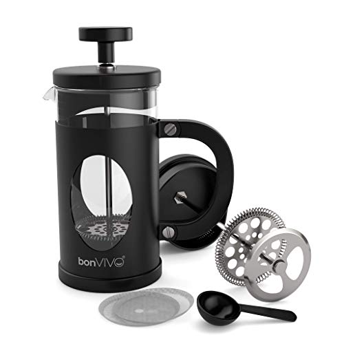 bonVIVO GAZETARO I Cafetera Francesa (French Press) y Prensa Francesa de Embolo Fabricada con Acero Inoxidable - Cafetera Filtro con Acabado en Negro con Filtros, tamaño: 0.35 L / 350ml