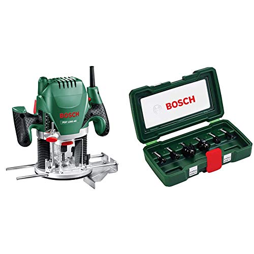 Bosch POF 1200 AE - Fresadora de superficie, fresa de ranurar, adaptador de aspirar, llave de boca,casquillo copiador, tope paralelo + Bosch 2607019463 - Set con 6 fresas con inserción de 8 mm